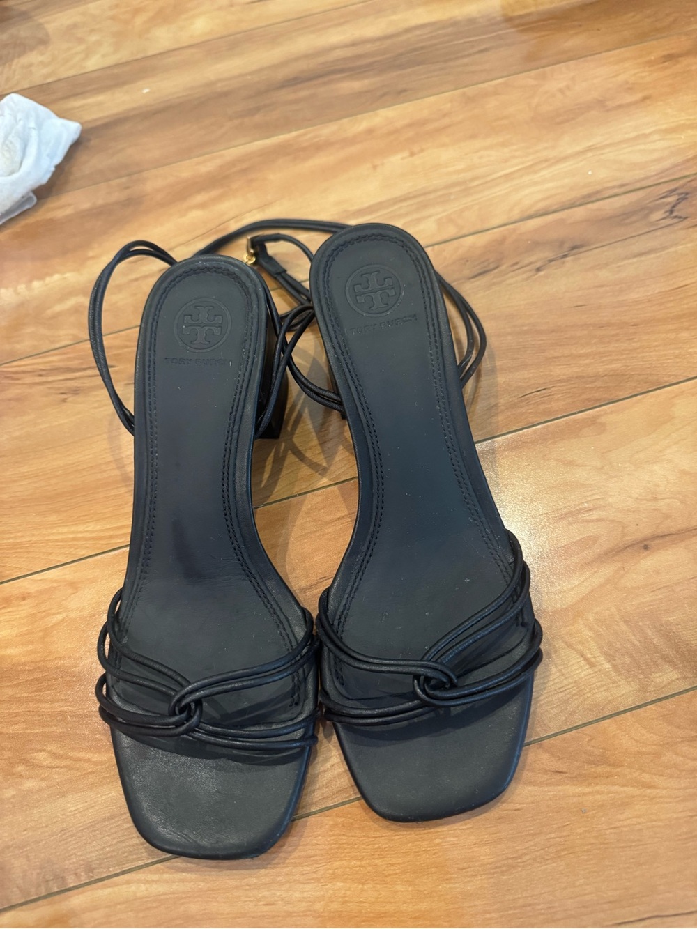 Tory Burch Black Leather Knot Strap Heeled Sandals